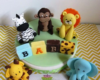 5 Safari Animal Fondant Cake Topper with name blocks