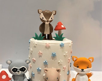 Woodland Animal Cake Toppers - Fox, Raccoon, Deer, Squirrel - 1 Set