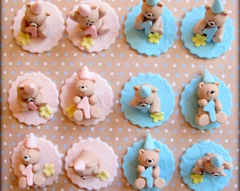 Teddy Bear Birthday/Baby Shower Cupcake Topper - 12 Pcs