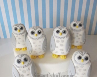 2" Winter Owl Fondant Cake/Cupcake Topper - Handmade Edible Cake Topper - 6 Pce