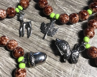 Green and Brown Nature Bracelets - Deer, Leaf, Acorn and Rabbit