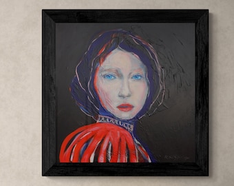 Retrato original en acrílico de Anabella, estilo expresionista, lienzo estirado de 60 x 60 cm (firmado).