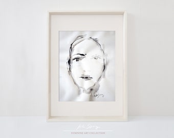 Retrato minimalista femenino pintado, arte mural monocromático en blanco y negro (descarga digital)