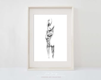 Dibujo a carboncillo - Dibujo de una joven desnuda - Pose de pie desnuda - Boceto de figura - Boceto de mujer desnuda - Decoración de pared descargable