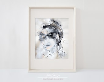 Ilustración de moda: Pintura de una mujer con pañuelo en la cabeza / Arte mural monocromático (Descarga digital)
