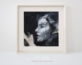 Retrato femenino en blanco y negro, estudio de expresionismo monocromático (descarga digital)