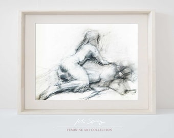 Dibujo de figura a carboncillo de Kiki Spring - Impresión digital - Boceto de una joven desnuda - Decoración de pared en blanco y negro para imprimir