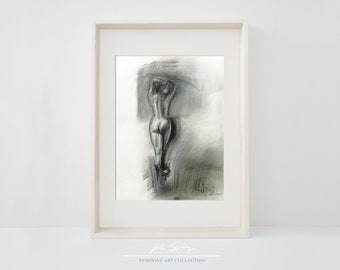 Figura femenina desnuda de pie / Dibujo digital a carboncillo sobre papel de Kiki Spring / Decoración gris descargable para dormitorio y sala de estar