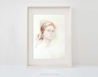 Retrato de una joven con un pendiente de perla - Impresión digital - Dibujo en pastel para imprimir - Decoración de pared en colores claros - Kiki Spring