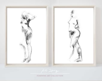 Colección de 2 impresiones digitales de mujeres desnudas / Galería de bocetos de desnudos a carboncillo imprimibles en poses de pie