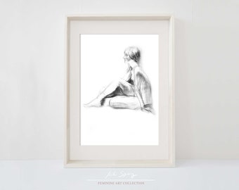 Dibujo de desnudo a carboncillo, mujer joven desnuda, mujer desnuda digital, decoración de pared en blanco y negro, boceto a carboncillo, dibujo de figura, dibujo imprimible