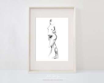 Dibujo de desnudo a carboncillo para imprimir - Mujer joven desnuda - Mujer desnuda digital - Decoración de pared en blanco y negro - Boceto a carboncillo - Dibujo de figura