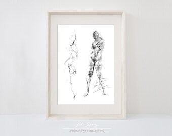 Dibujo de dos mujeres desnudas - Mujeres jóvenes desnudas - Impresión digital - Decoración de pared en blanco y negro - Boceto a carboncillo - Dibujo de figuras