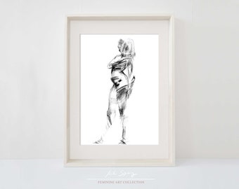 Boceto de mujer desnuda, dibujo de mujer desnuda, carboncillo negro, dibujo imprimible, decoración de pared para baño, boceto digital, dibujo de figura, boceto de cuerpo.