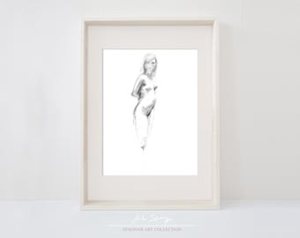 Dibujo imprimible de mujer desnuda - Boceto de mujer desnuda - Impresión digital - Dibujo descargable - Dibujo de figura - Decoración minimalista para pared