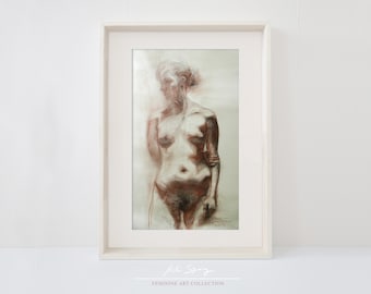 Hermosa lámina vintage de una joven desnuda creada por Kiki Spring, impresión digital en sepia de una mujer desnuda, dibujo de figura a tiza marrón