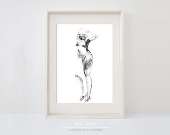 Dibujo a carboncillo imprimible de una mujer desnuda, boceto de una joven desnuda para decoración de pared imprimible de Kiki Spring