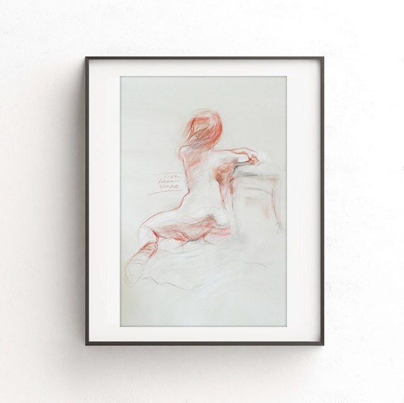 Small Digital Print Printable Art Drawing Original Drawing Sketch Naked Nude Red Hair Woman From Behind Sitting Pose Home Wall Soft