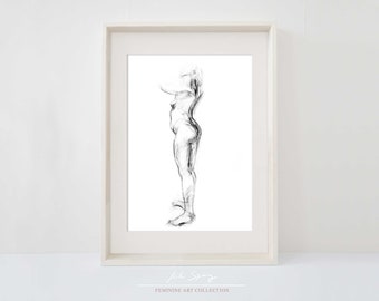 Boceto a carboncillo de una mujer desnuda de pie, figura imprimible en blanco y negro para las paredes de un dormitorio, baño o comedor.