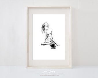 Impresión digital minimalista en blanco y negro de una mujer desnuda, dibujo a carboncillo imprimible de una mujer desnuda por Kiki Spring