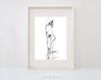 Dibujo minimalista a carboncillo imprimible de una mujer desnuda para dormitorio o baño, boceto en blanco y negro de una mujer desnuda en pose de pie.