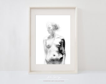 Dibujo femenino imprimible a carboncillo de una joven desnuda creado por Kiki Spring, decoración de pared en blanco y negro, fotografía digital de figura.