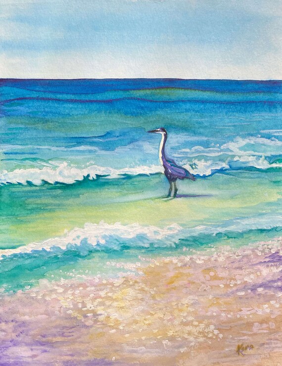 Art Print on Canvas, Beach Heron, Bird, Beach Painting, Title: Spotlight