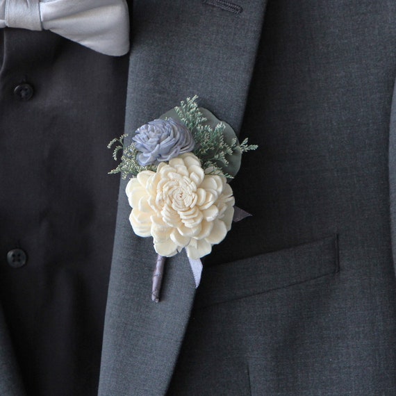 Traditional Keepsake Ivory and Steel Blue Pin On Boutonniere - Customizable