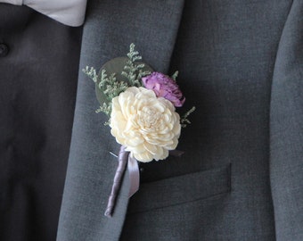 Traditional Keepsake Ivory and Purple Pin On Boutonniere - Customizable