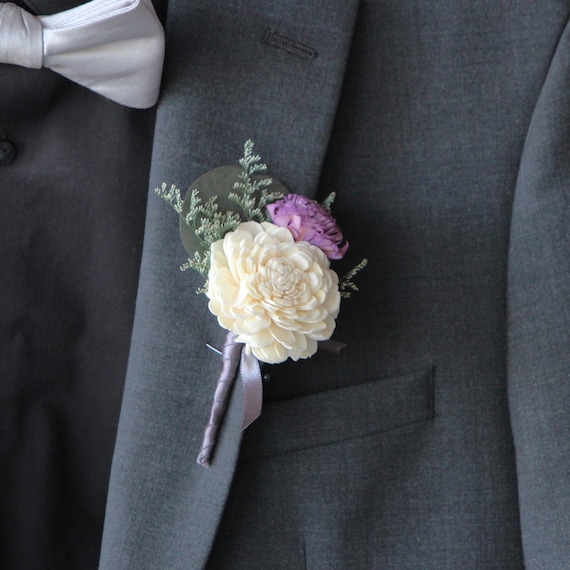 Traditional Keepsake Ivory and Purple Pin On Boutonniere - Customizable