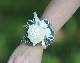 Woman's Beaded Wristlet Corsage with Eucalyptus - Customize Flower Color