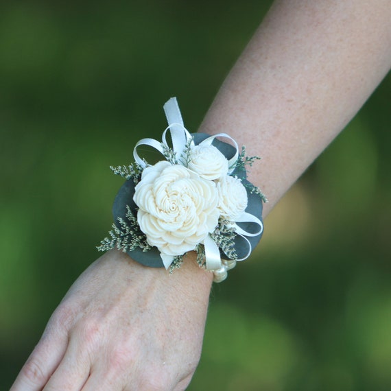 Woman's Beaded Wristlet Corsage with Eucalyptus - Customize Flower Color
