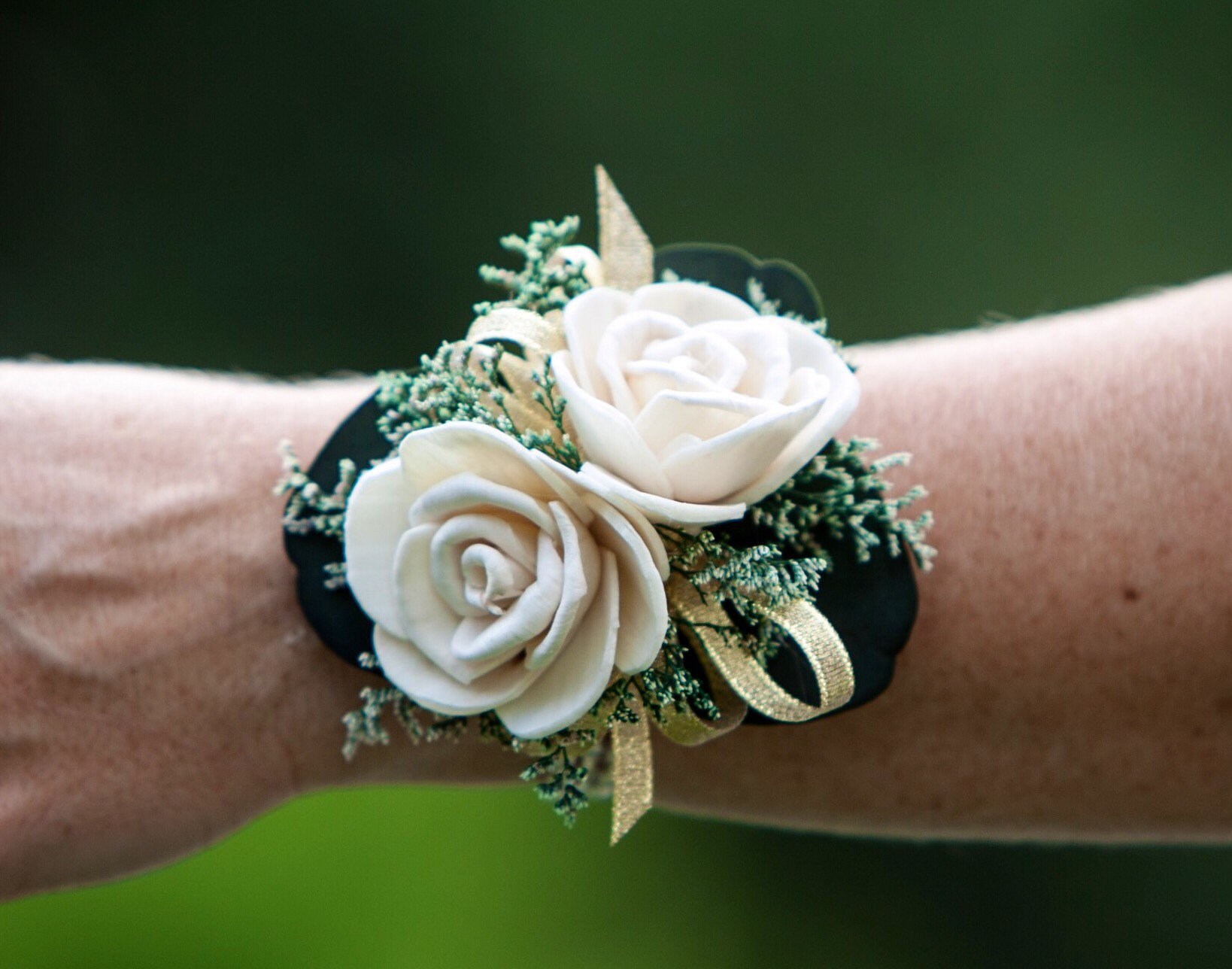 Woman's Pearl and Gold Rhinestone Sola Flower Wrist Corsage Keepsake