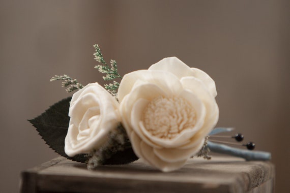 Camellia and Mini Rose Sola Flower Pin On Boutonniere