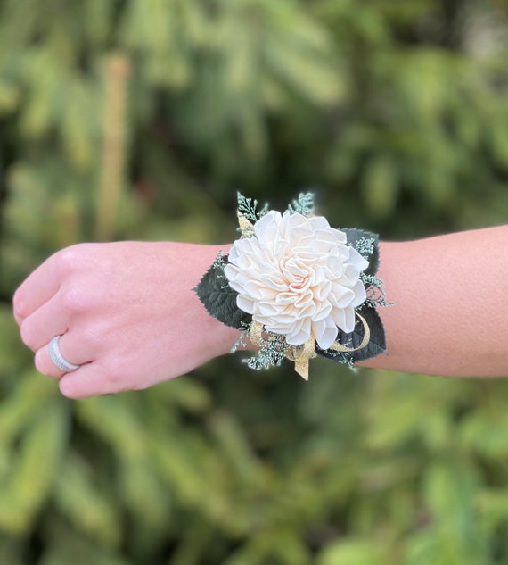 Woman's Dahlia Gold Rhinestone Cuff Wrist Corsage - Keepsake Wrist Corsage