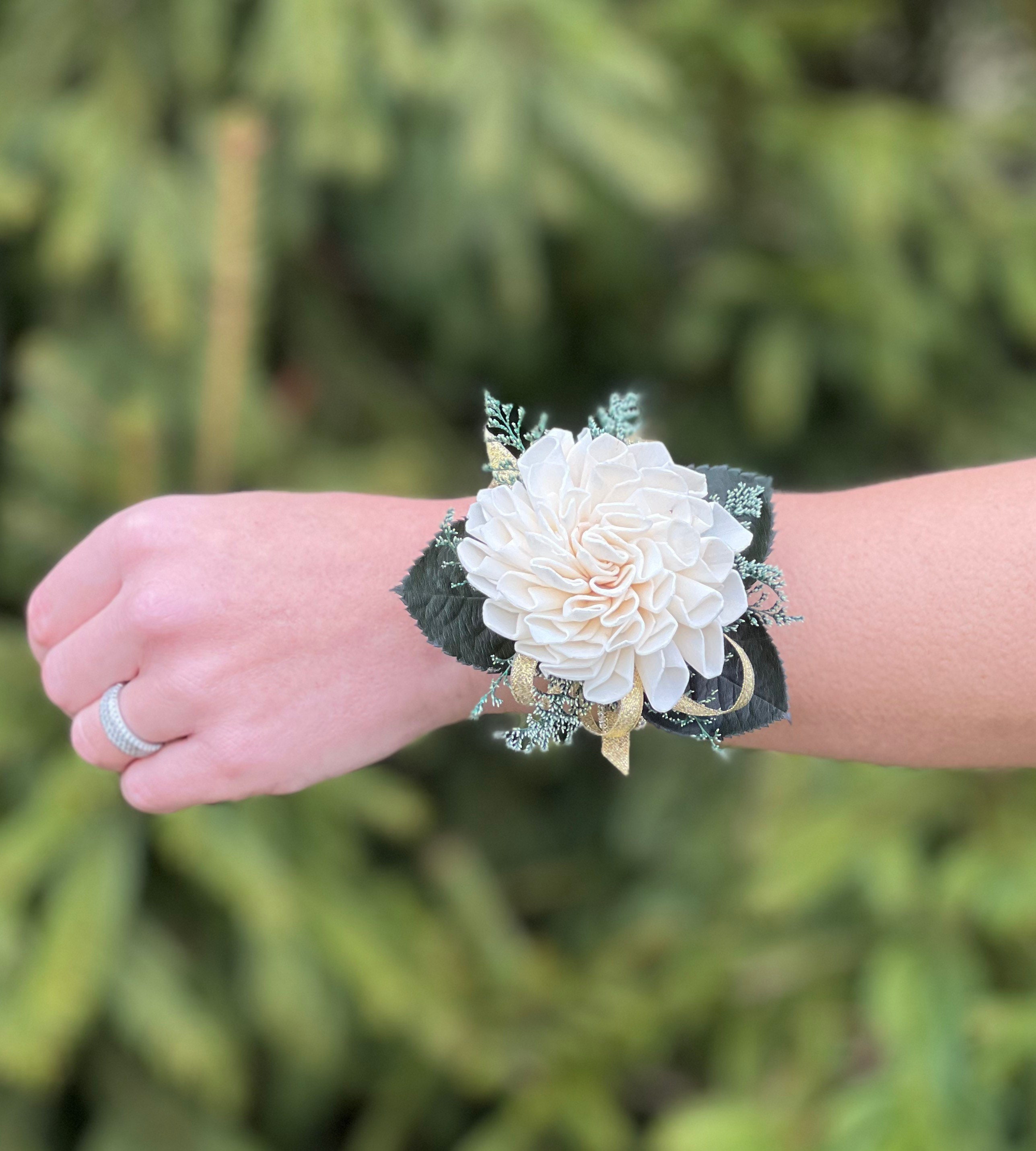 Woman's Dahlia Gold Rhinestone Cuff Wrist Corsage Keepsake Wrist
