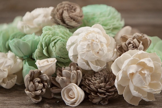 Mint and Tan Sola Wood Flowers - Available in sets of 45 and 100