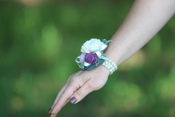 Woman's Purple Beaded Wristlet Corsage with Eucalyptus - Customizable