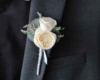 Camellia and Mini Rose Keepsake Pin On Boutonniere, Customizable