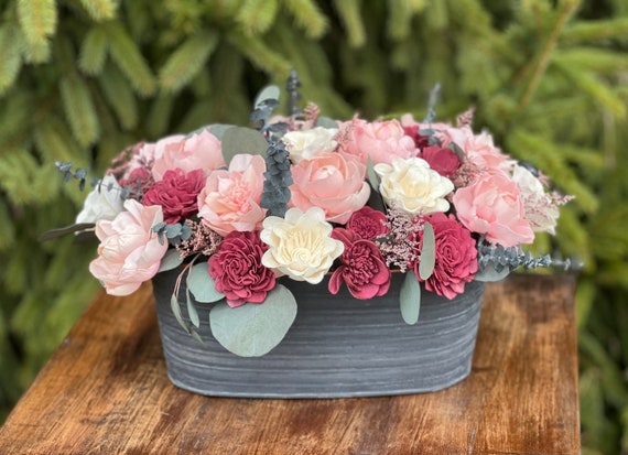 Blush and Burgundy Large Oval Sola Flower Arrangement - Rustic Balsa Wood Flower Centerpiece