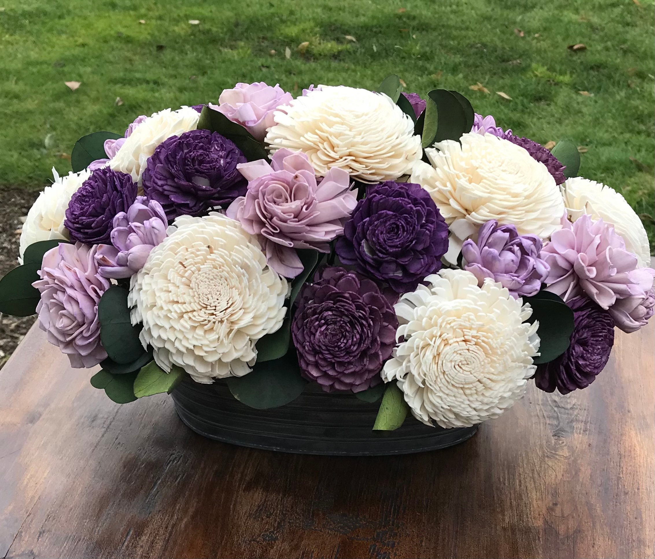 Purple Oval Sola Flower Arrangement Rustic Balsa Wood Flower Centerpiece