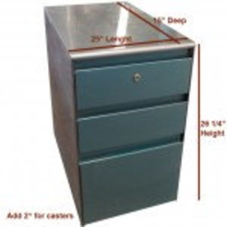 May include: A three-drawer metal file cabinet with a stainless steel top. The cabinet is 28 1/4 inches tall and has a drawer with a keyhole. Add 2 inches for casters.