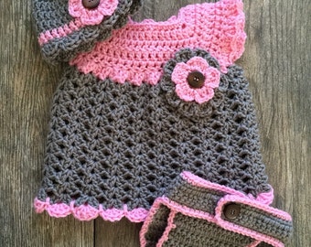 Baby girl crocheted dress in pink and gray with matching hat and diaper cover