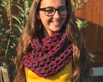 Crocheted Infinity Scarf: Two-Tone Denim Blue & Rustic Red Cowl