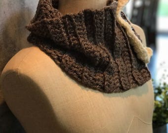 Crocheted chunky cowl in brown and cream, button up chunky cowl, crocheted ruffled cowl scarf