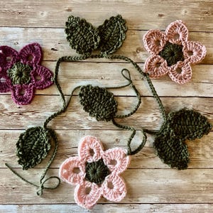Flower garland, handmade crocheted flower garland, large pink flower garland, spring garland