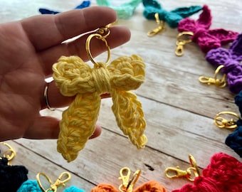Crocheted Bow Keychain: Handmade Bag Clip with Gold Clasp