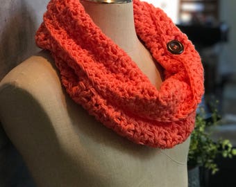 The "Katie" Cowl in bright coral.  Women's crocheted scarf cowl