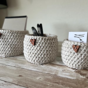 Set of three small nesting baskets, handmade desk organizers, crocheted baskets, nursery organizers, dorm organizing bins