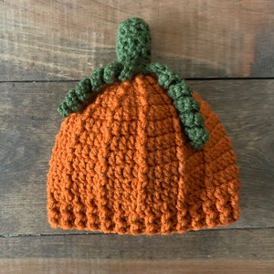 May include: A crocheted pumpkin hat with a green stem and leaves. The hat is orange and has a textured knit.
